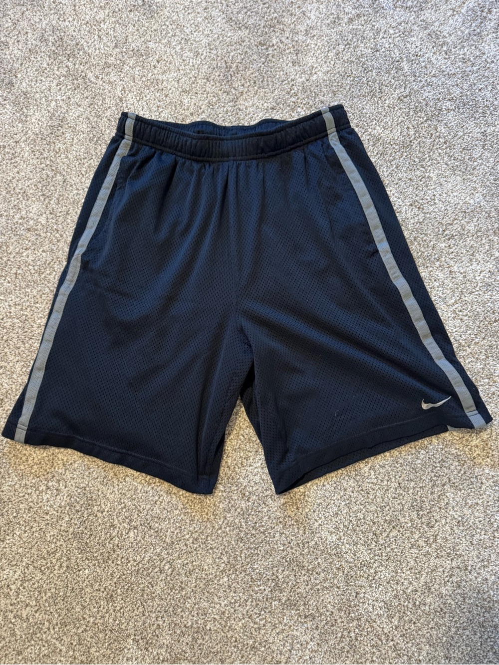 Nike Men's Navy Athletic Shorts with Gray Side Stripes